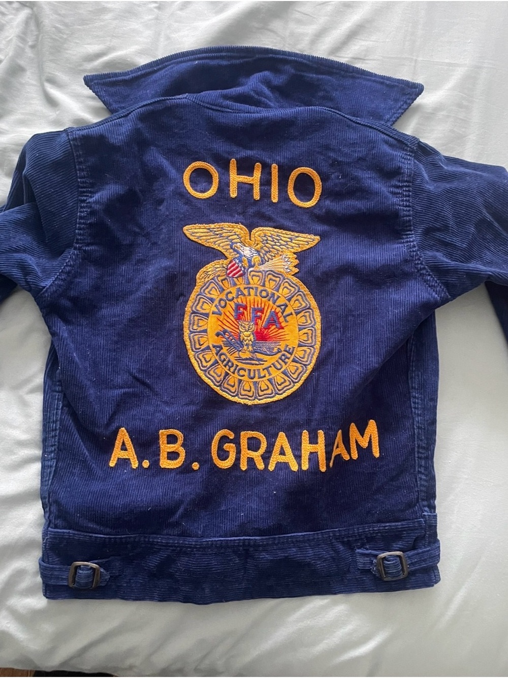 Embroidered Navy Corduroy Jean Jacket with Gold FFA Patch